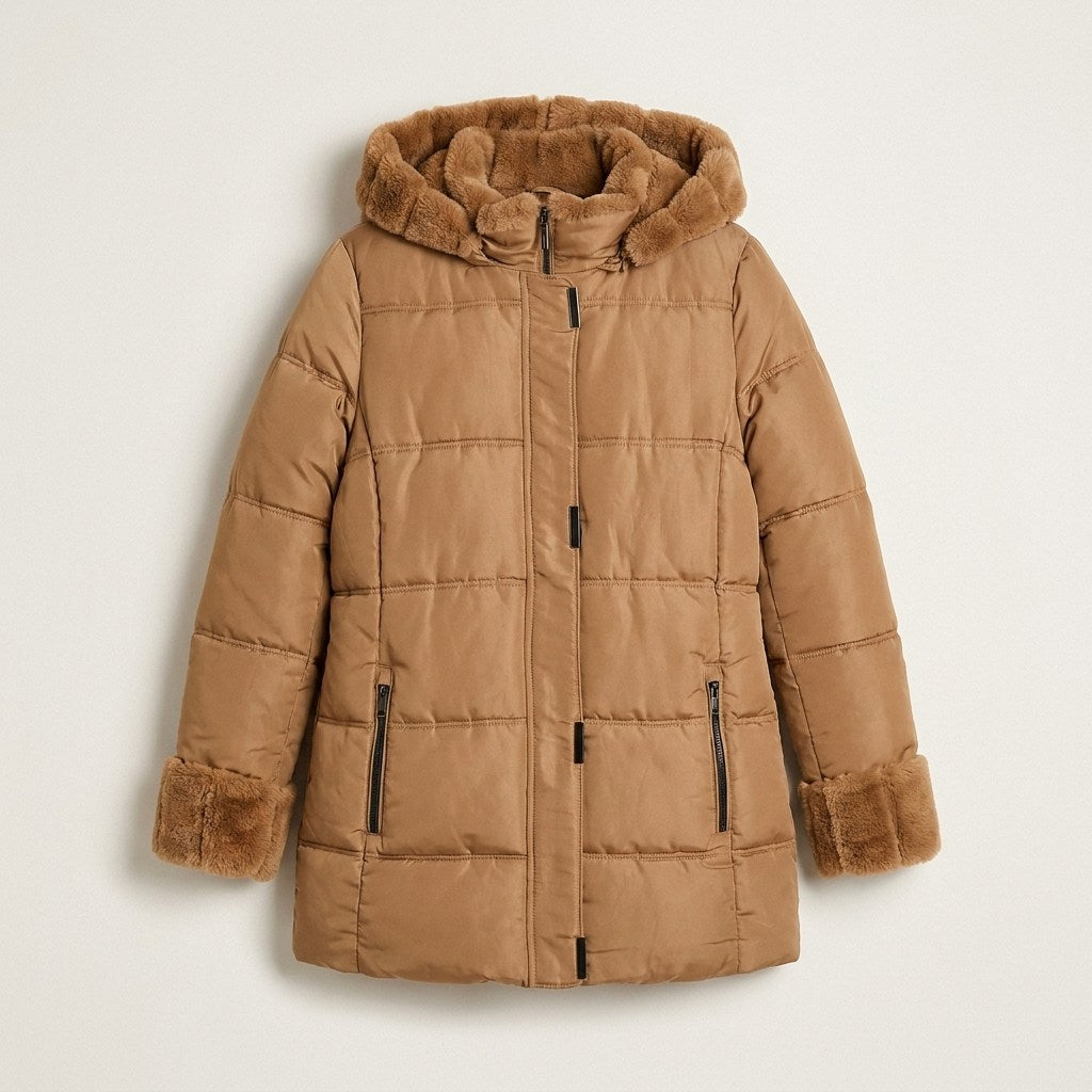 Parka Larga Camel con Gorro Peludo y Detalles de Peluche en plano