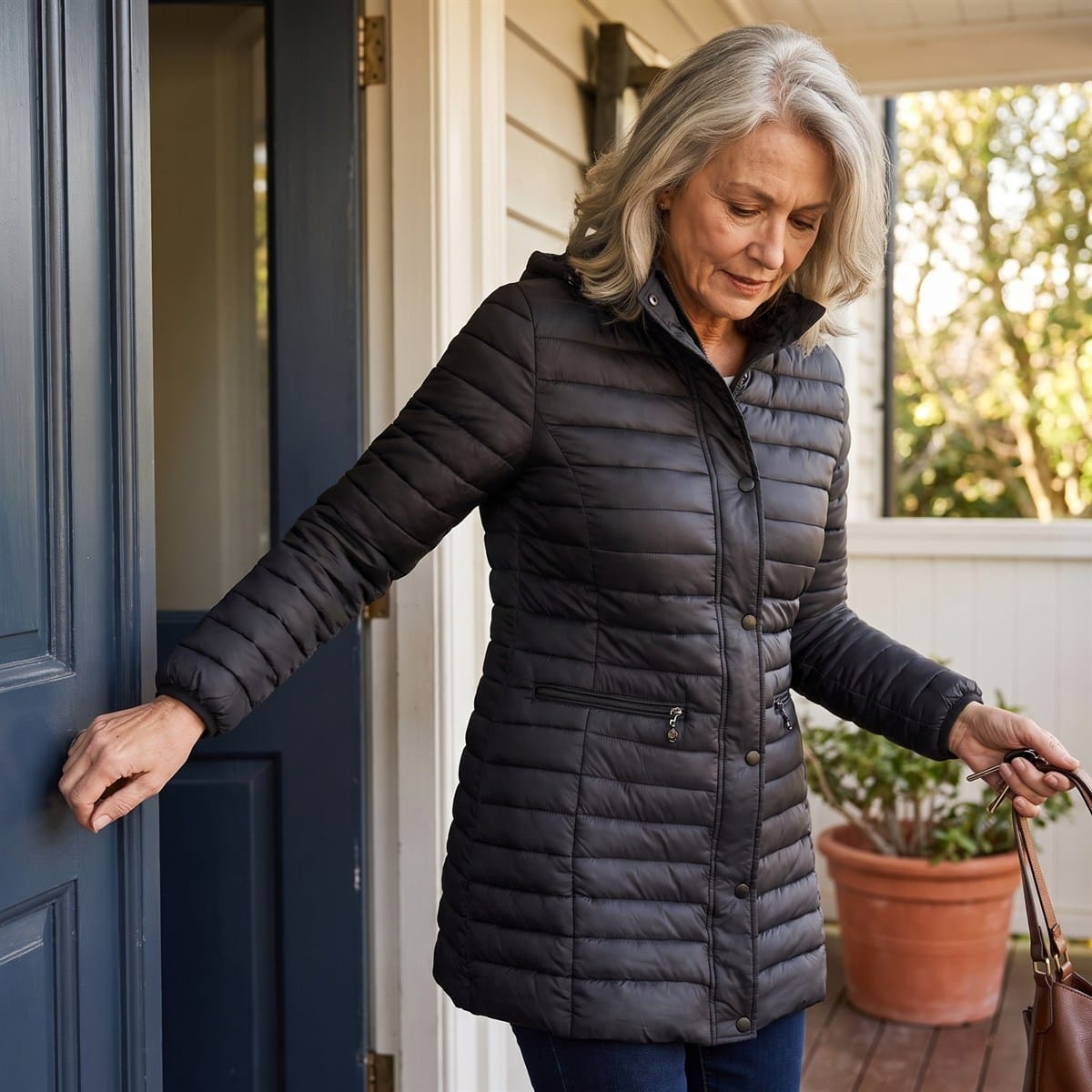 Parka Larga Negra con Diseño Quilted y Gorro Desmontable lifestyle