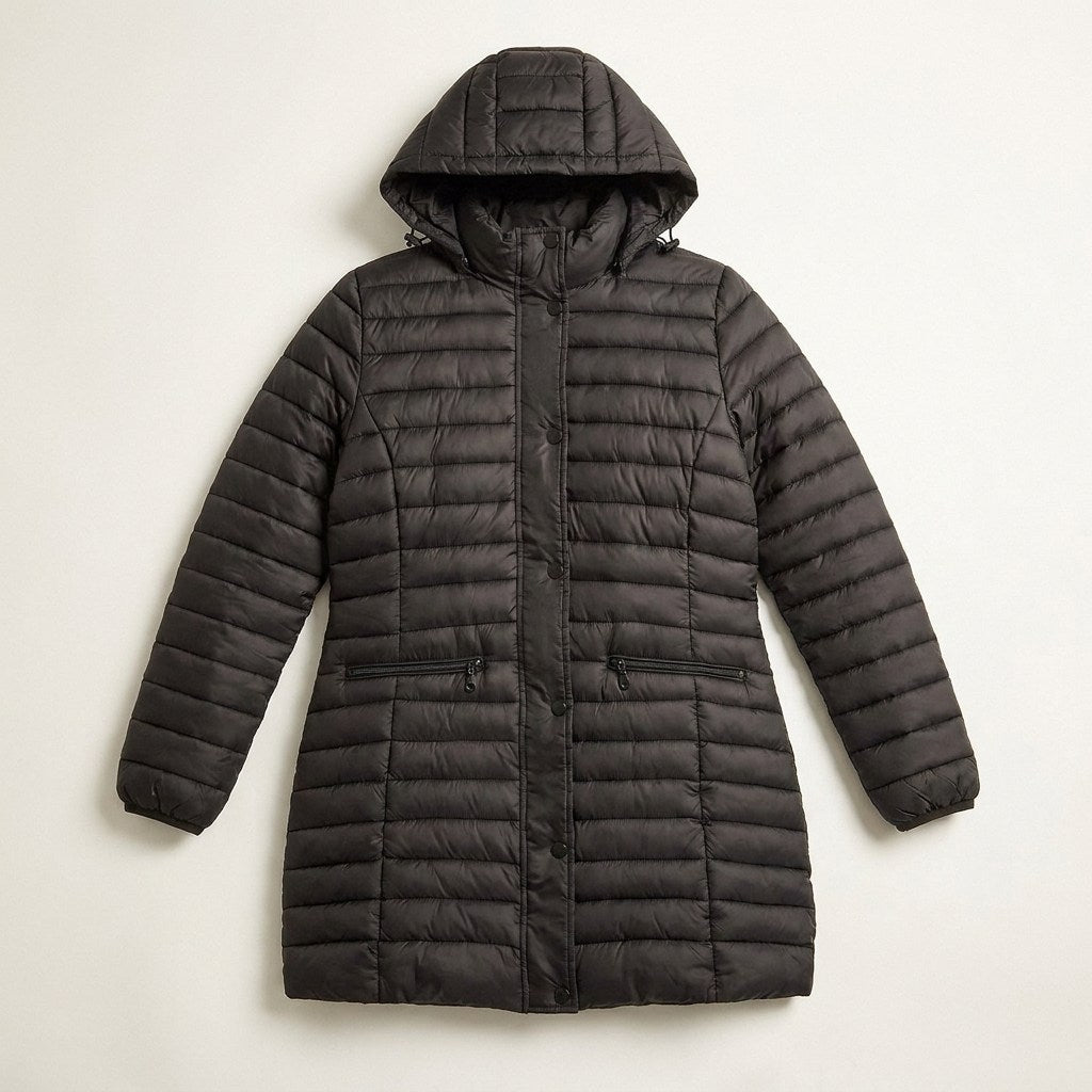 Parka Larga Negra con Diseño Quilted y Gorro Desmontable en plano