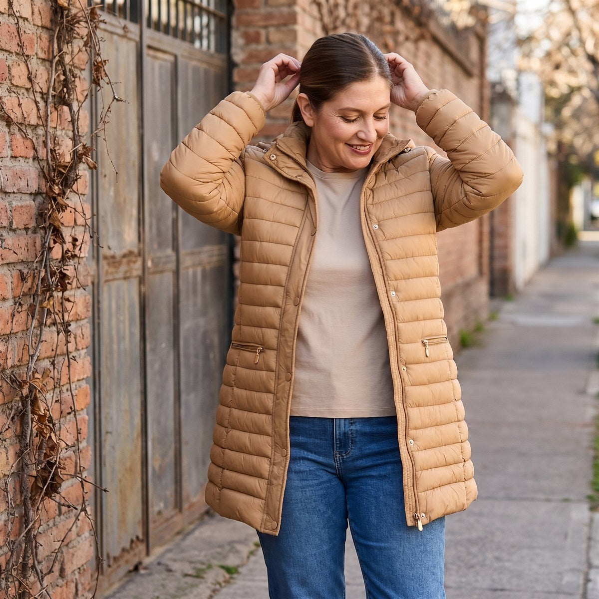 Parka Larga Camel con Diseño Quilted y Gorro Desmontable lifestyle