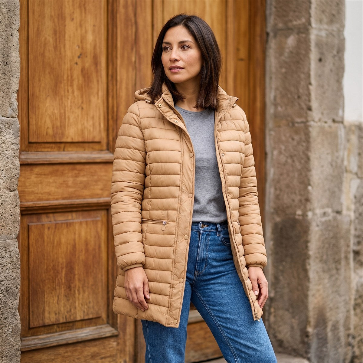 Parka Larga Camel con Diseño Quilted y Gorro Desmontable lifestyle
