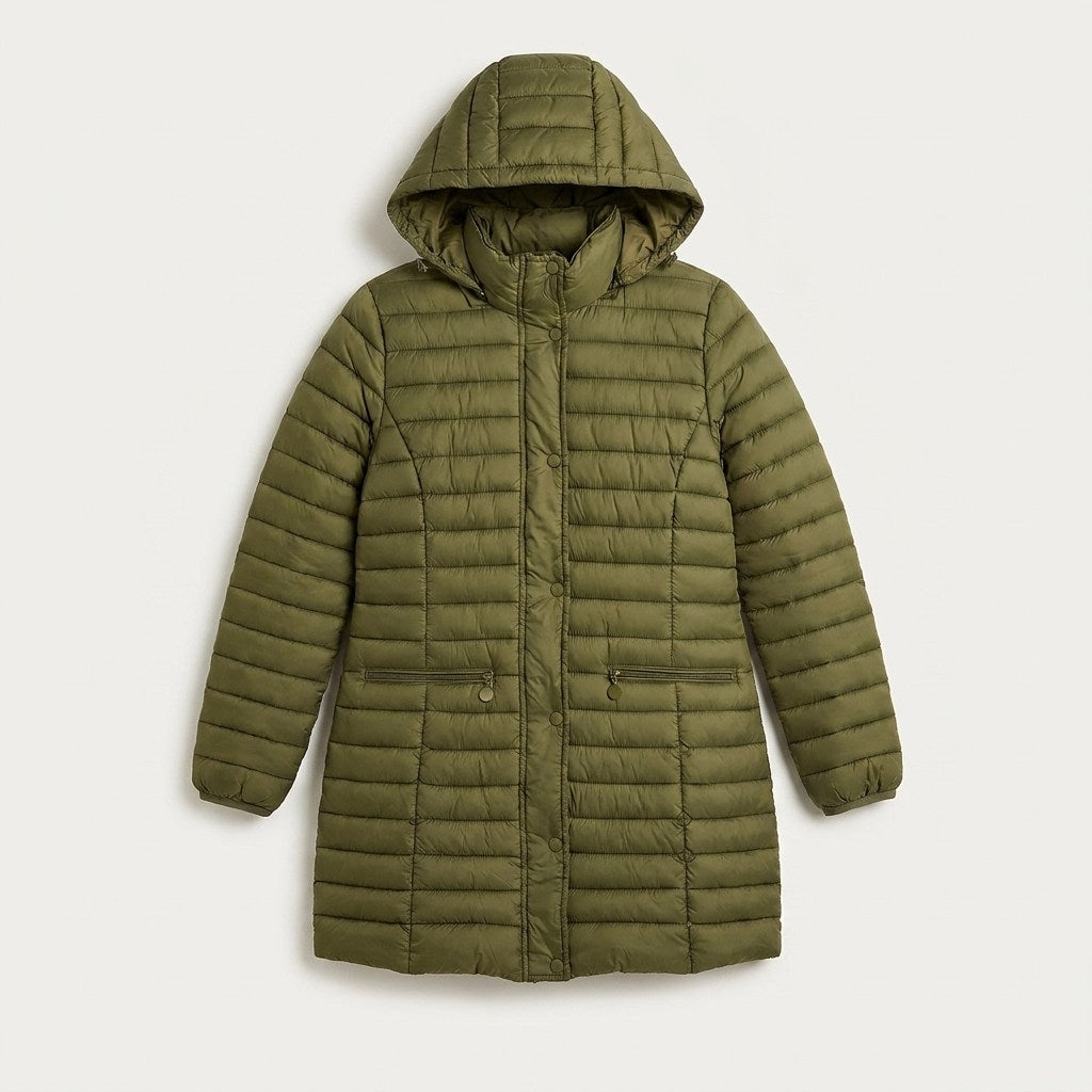 Parka Larga Verde con Diseño Quilted y Gorro Desmontable en plano