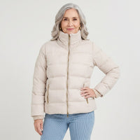 Parka corta beige con detalle de tejido en mangas y cuello en modelo adulta