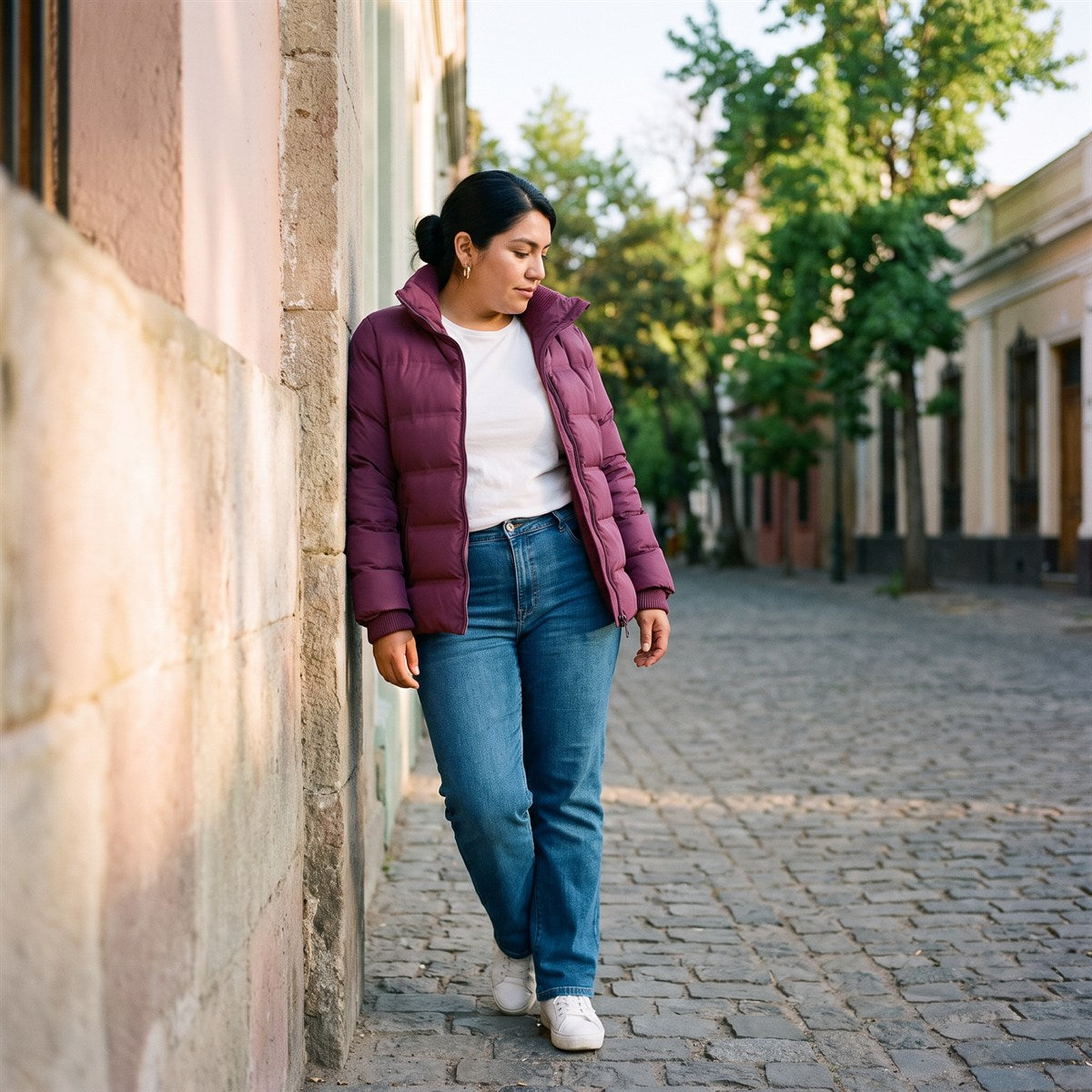 Parka corta burdeo con detalle de tejido en mangas y cuello lifestyle