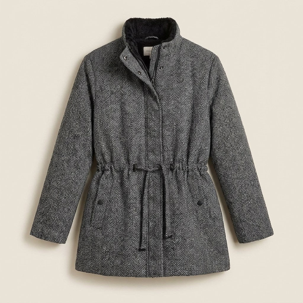 Parka Negra con Estampado Espiga y Cordón en Cintura en plano