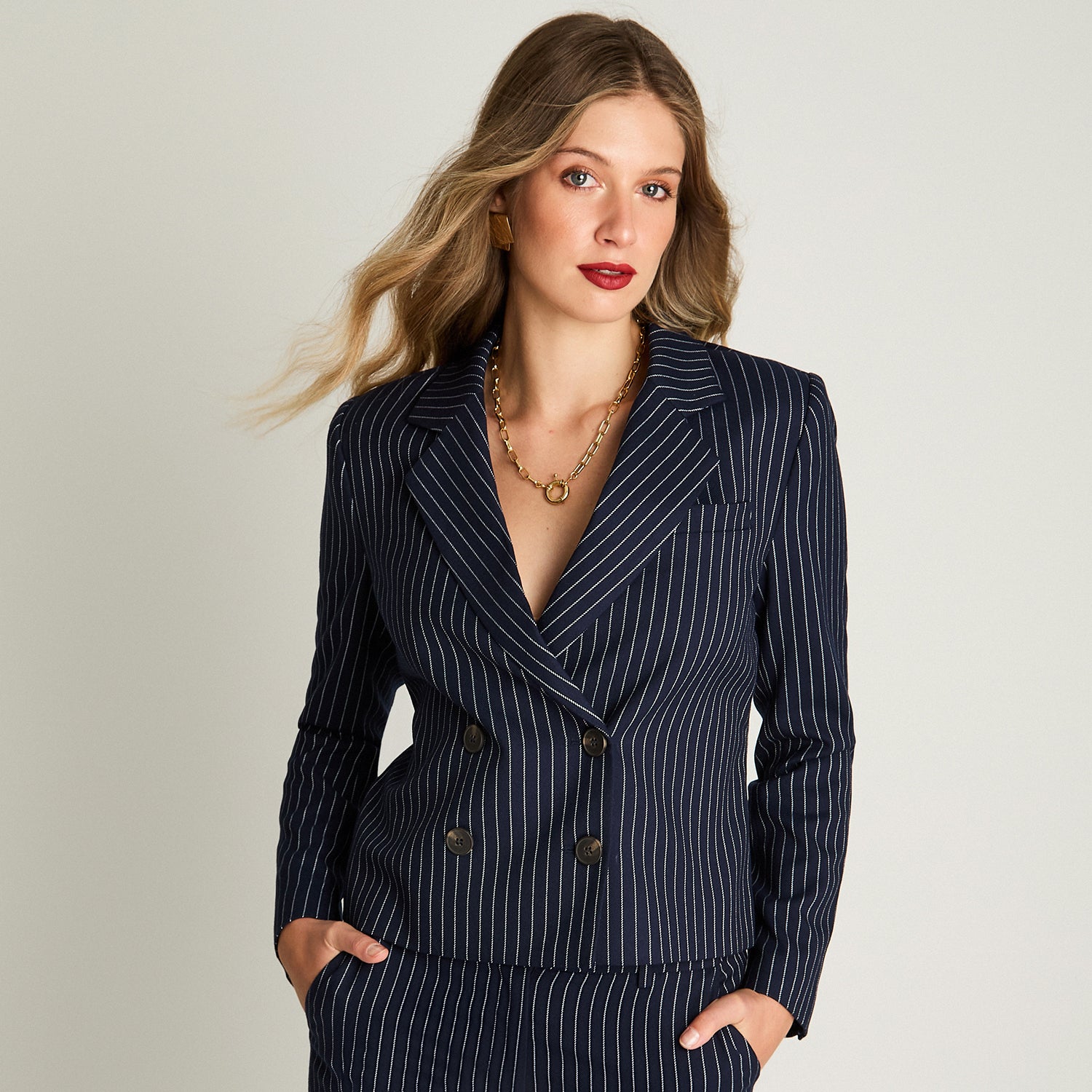 Blazer Crop Manga Larga Cruzado Con Listado Azul Lorenzo Di Pontti
