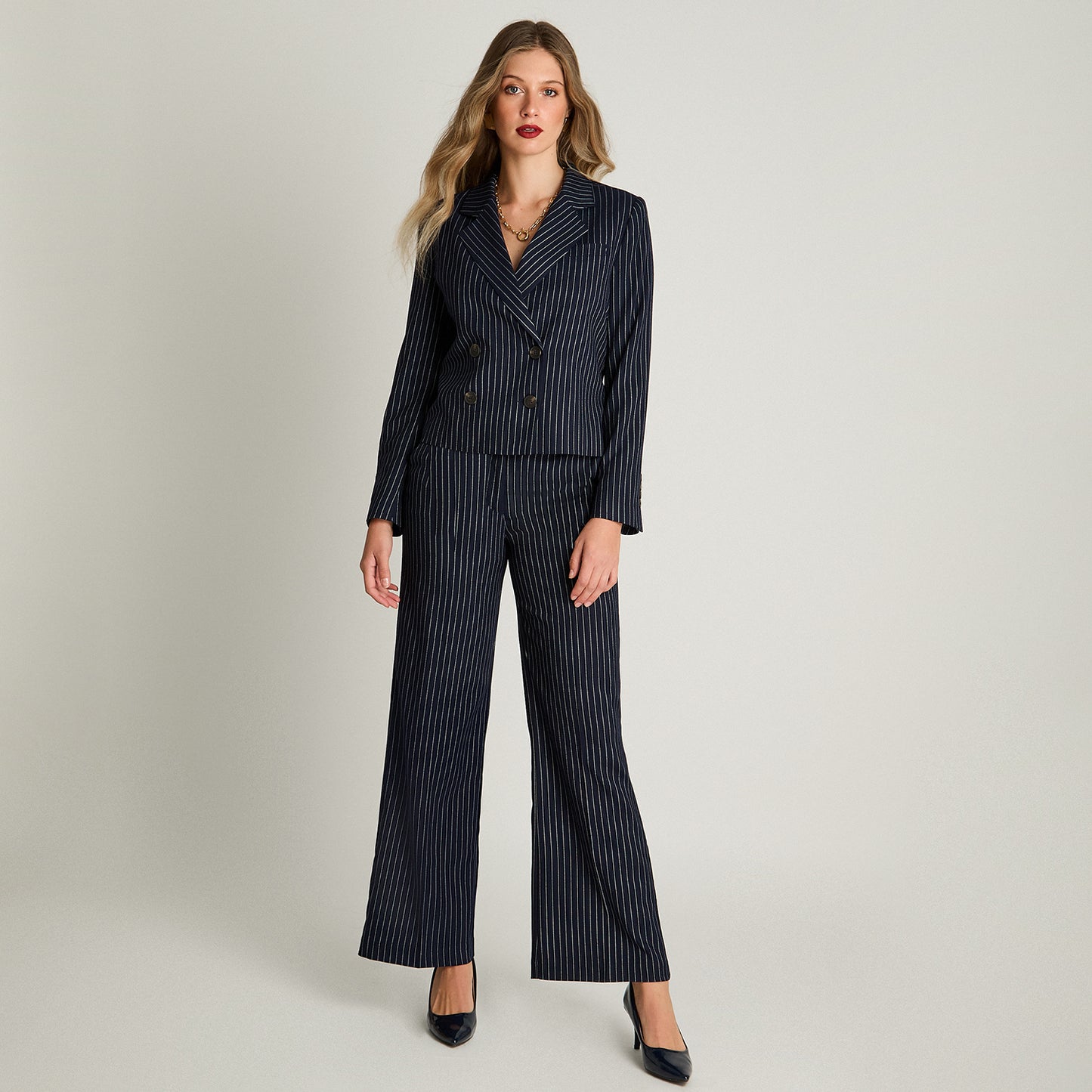 Blazer Crop Manga Larga Cruzado Con Listado Azul Lorenzo Di Pontti