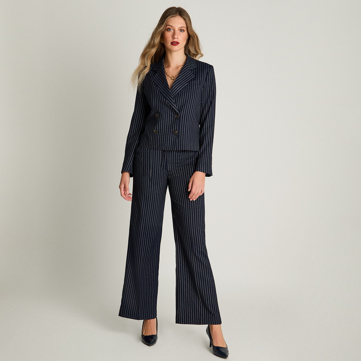 Blazer Crop Manga Larga Cruzado Con Listado Azul Lorenzo Di Pontti
