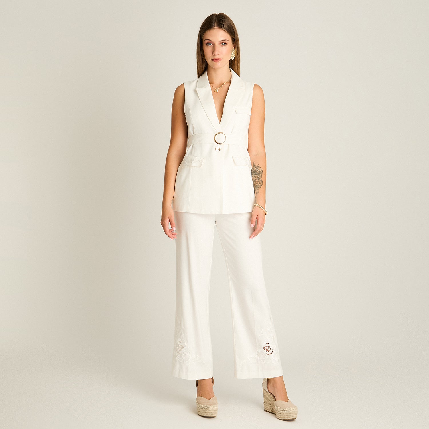 Blazer Crudo Sin Mangas Elasticidad Nula Con Forro Calce Normal Tela Plano