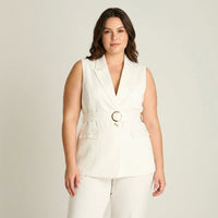 Blazer Crudo sin Mangas con Bordado en Bolsillos y Cinturón