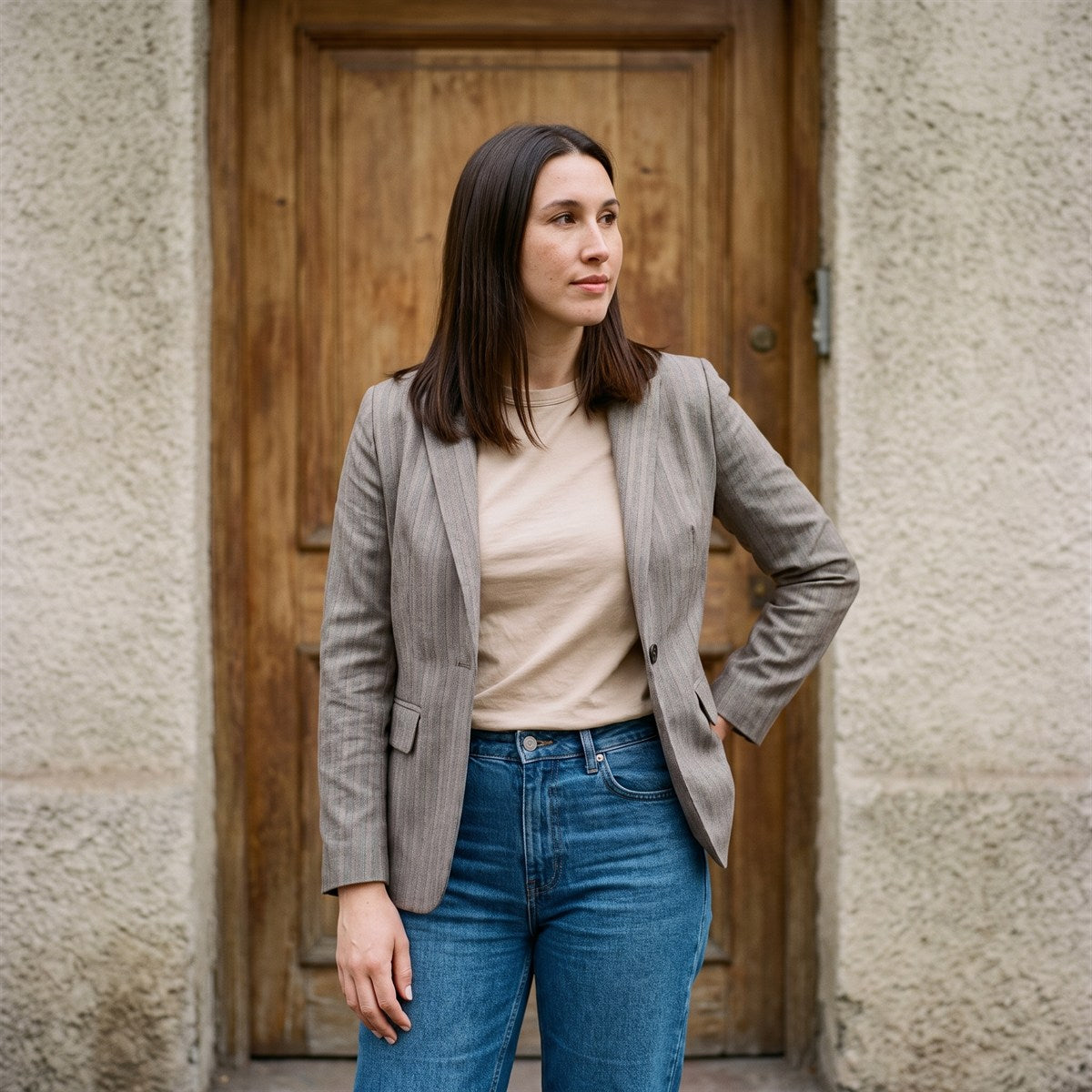 Blazer Gris Clásico con Bolsillos y Solapa lifestyle