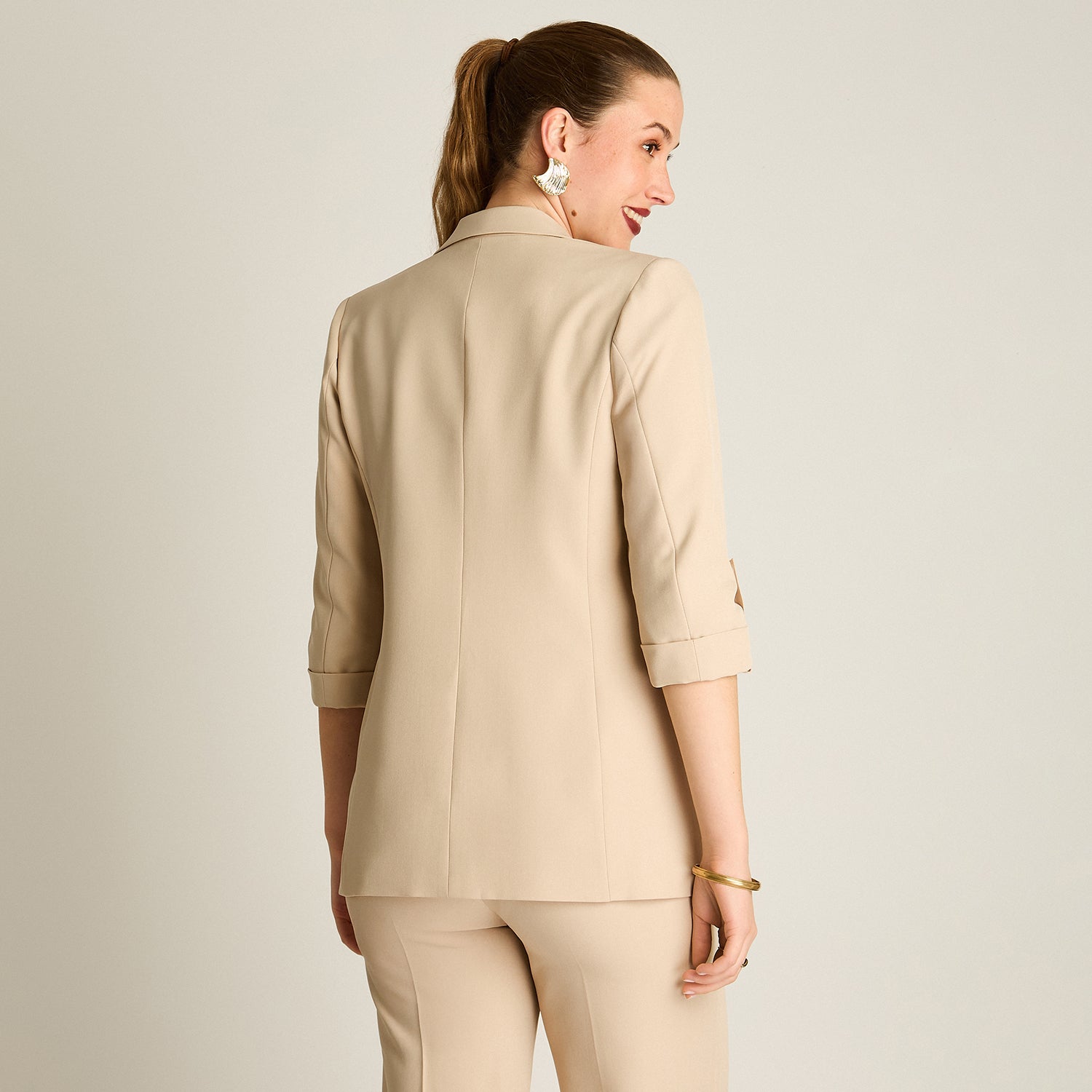 Blazer Beige Manga 3/4 Elasticidad Nula Con Forro Calce Normal Tela Plano