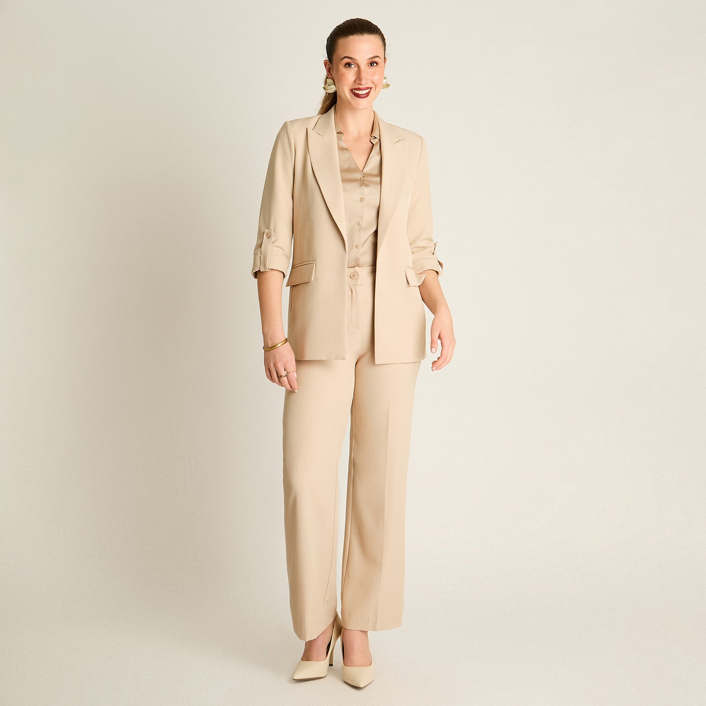 Blazer Beige Manga 3/4 Elasticidad Nula Con Forro Calce Normal Tela Plano