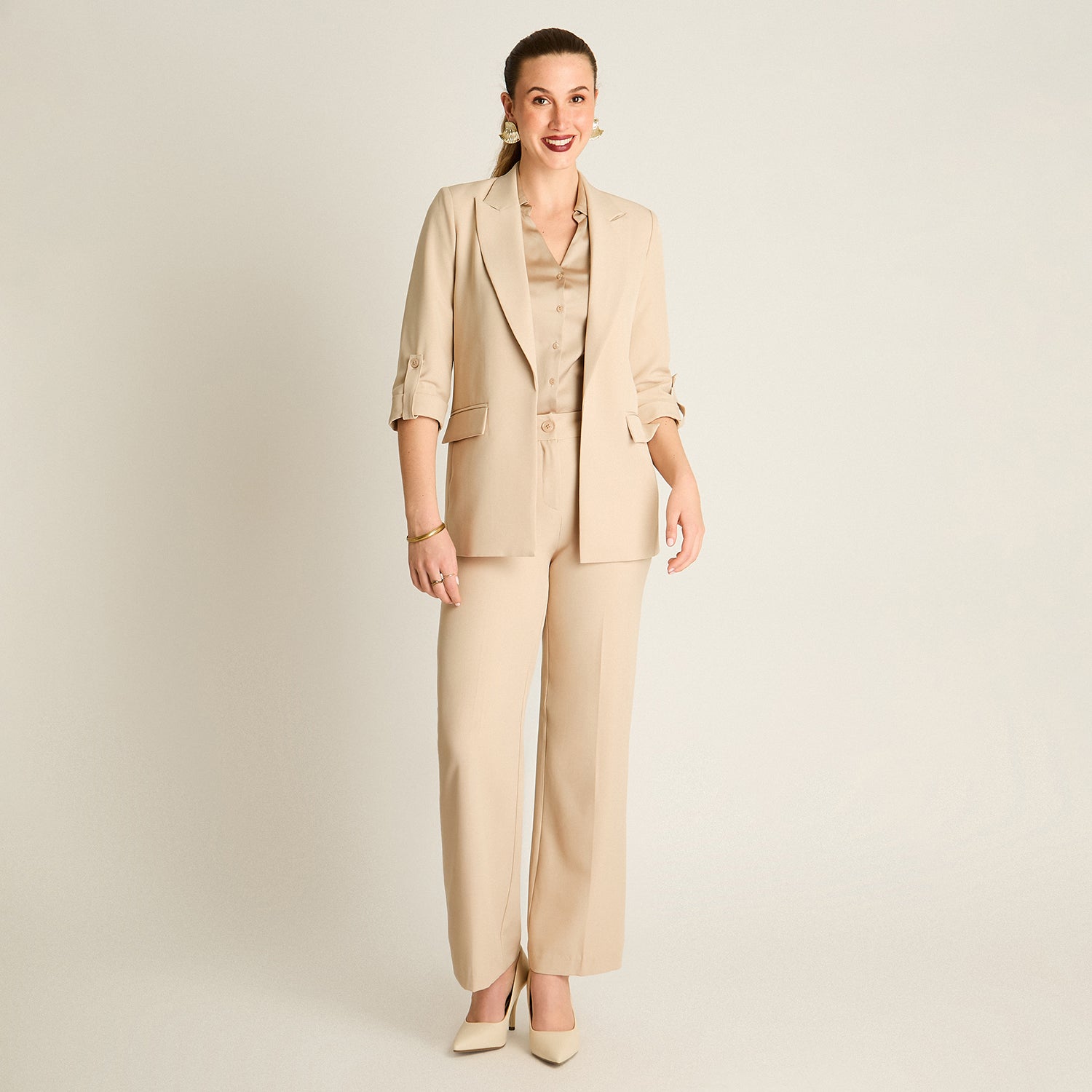 Blazer Beige Manga 3/4 Elasticidad Nula Con Forro Calce Normal Tela Plano