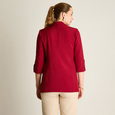 Blazer Rojo Manga 3/4 Elasticidad Nula Con Forro Calce Normal Tela Plano