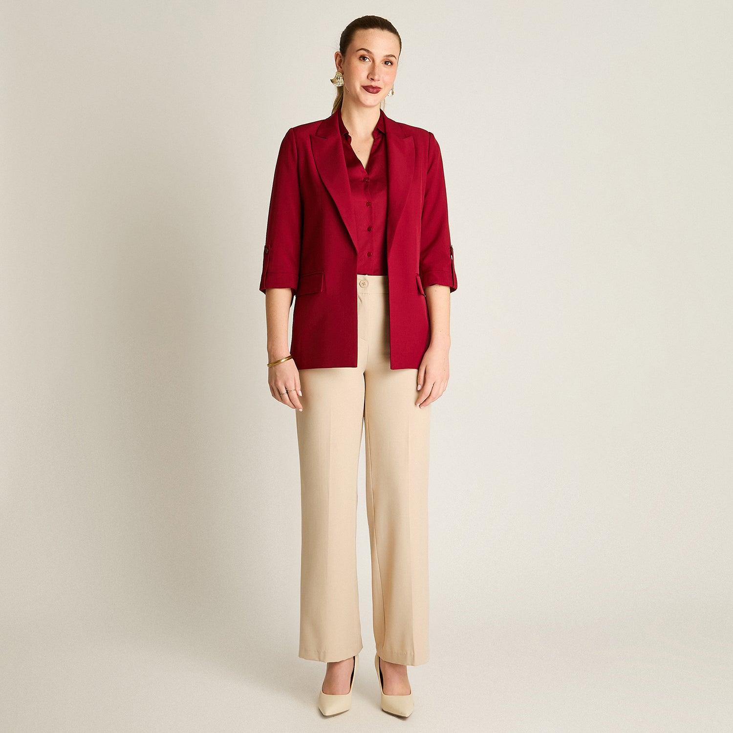 Blazer Rojo Manga 3/4 Elasticidad Nula Con Forro Calce Normal Tela Plano