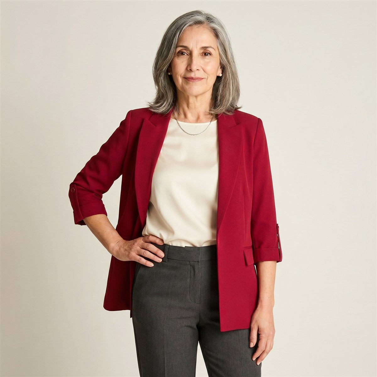 Blazer Rojo Manga 3/4 con Bolsillos y Solapa en modelo adulta