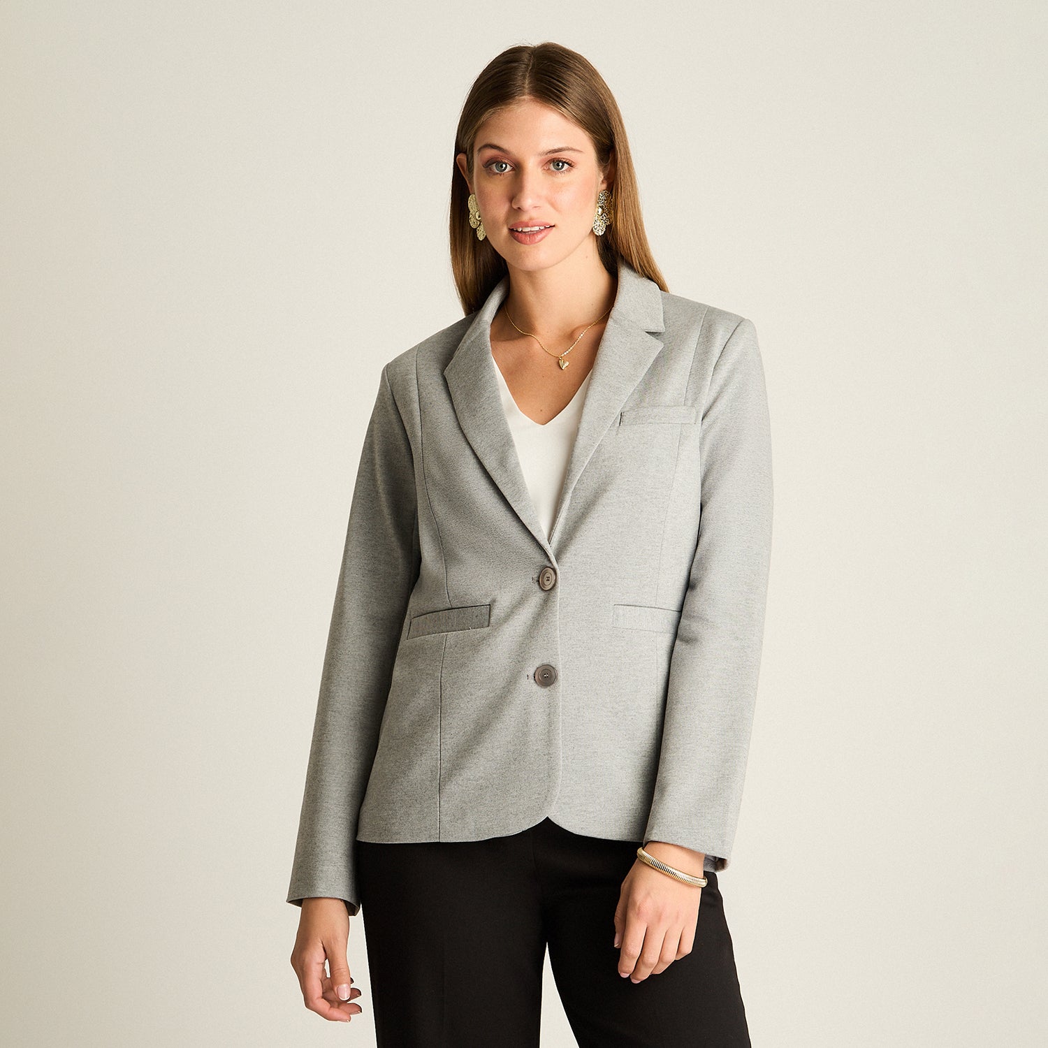 Blazer Gris Manga Larga Elasticidad Media Con Forro Calce Normal Tela Punto