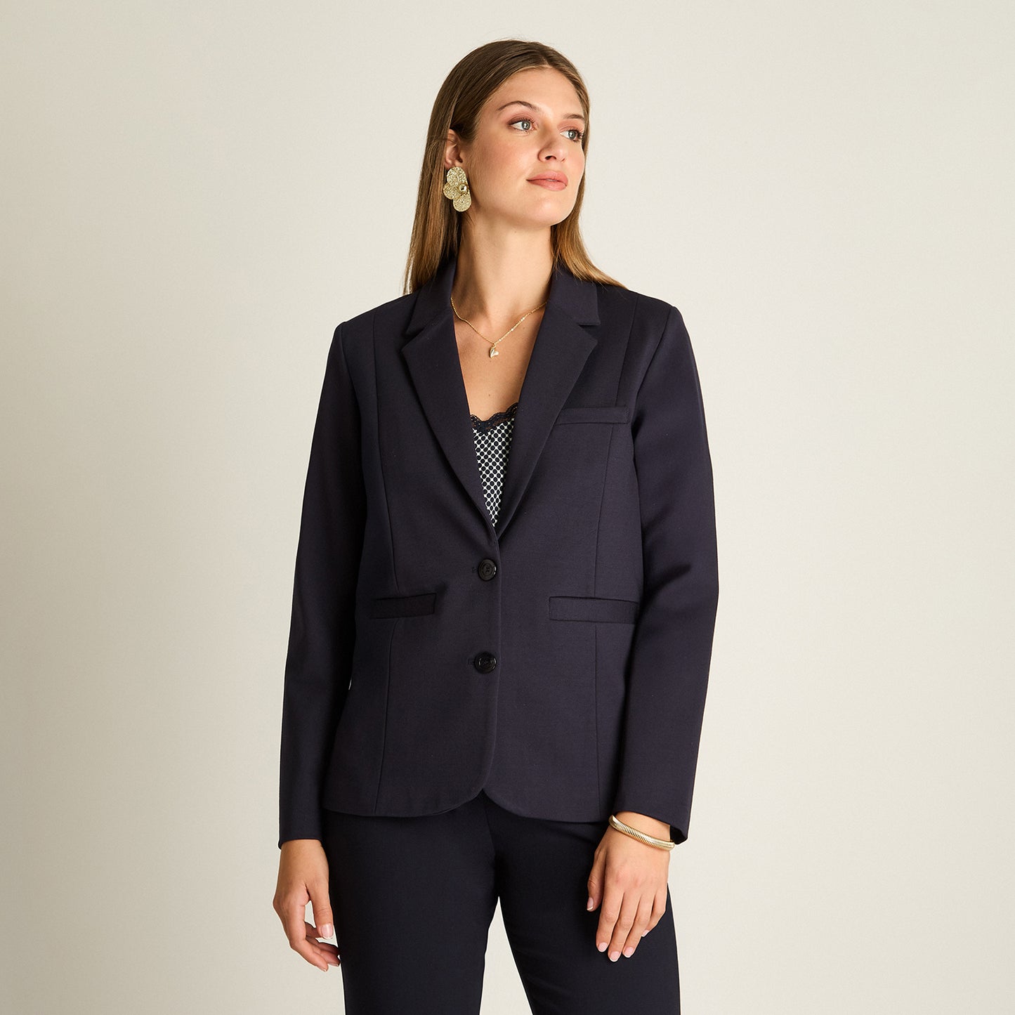 Blazer Azul Manga Larga Elasticidad Media Con Forro Calce Normal Tela Punto