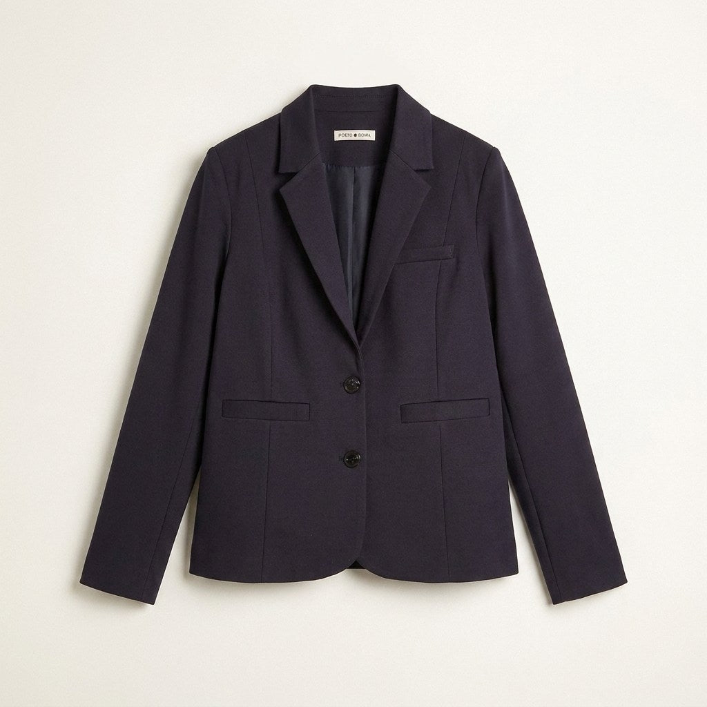 Blazer Azul Básico Punto Roma con Dos Bolsillos en plano