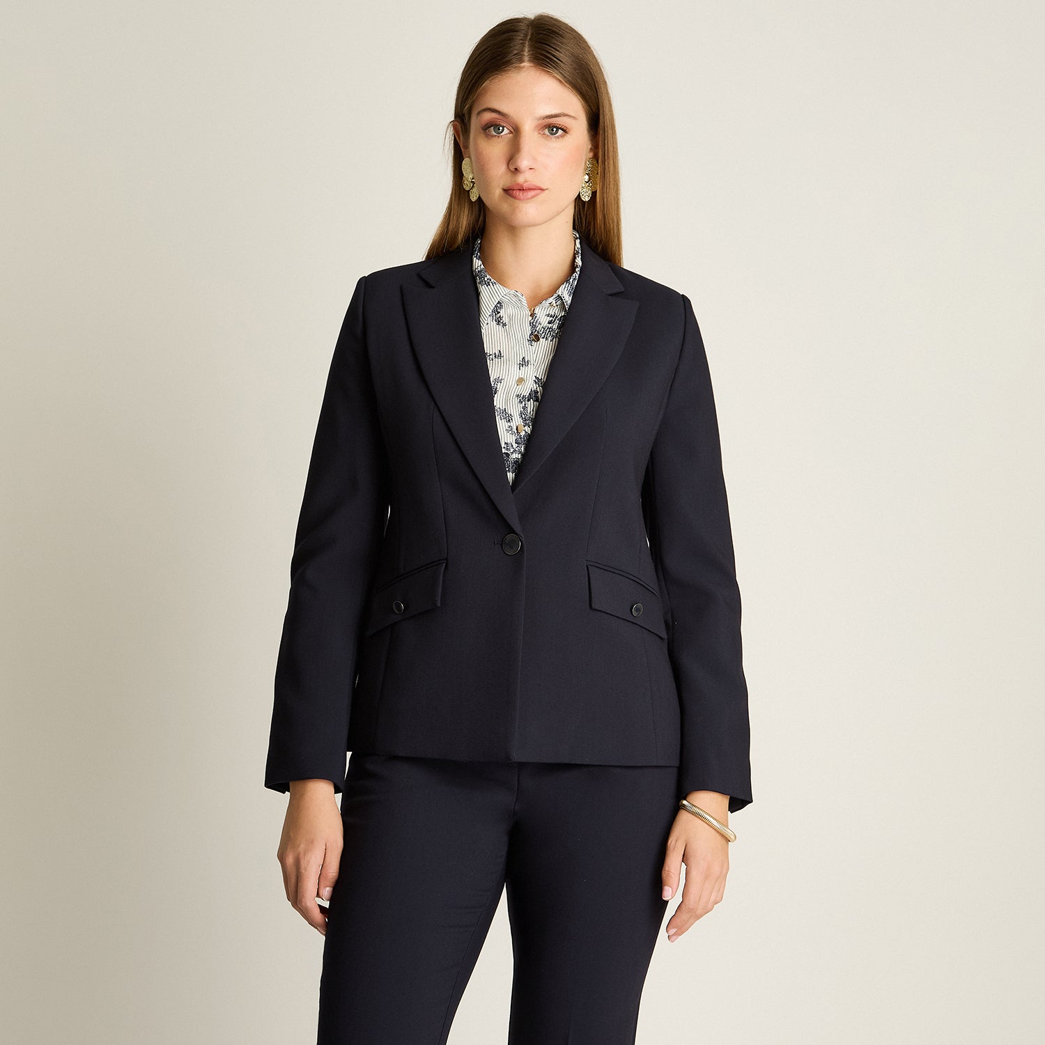 Blazer Azul Manga Larga Elasticidad Nula Con Forro Calce Normal Tela Plano