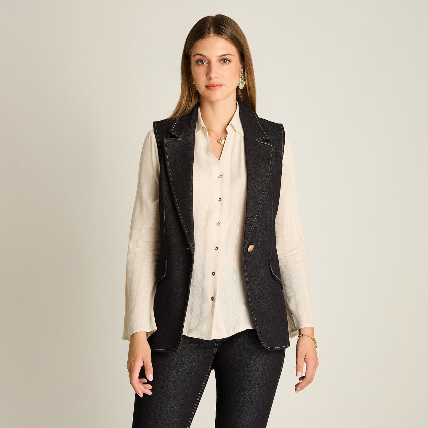 Blazer Denim Dark Blue Sin Mangas con Un Botón