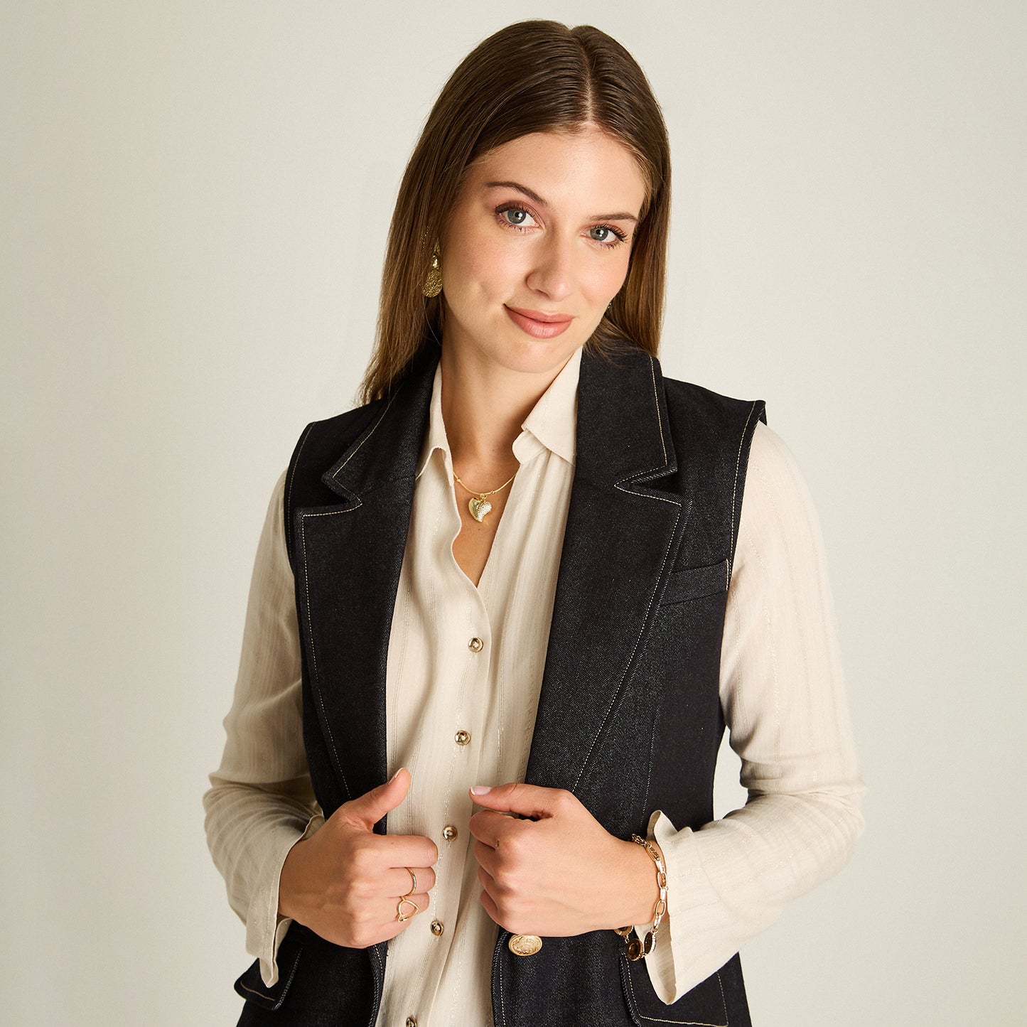 Blazer Denim Dark Blue Sin Mangas con Un Botón