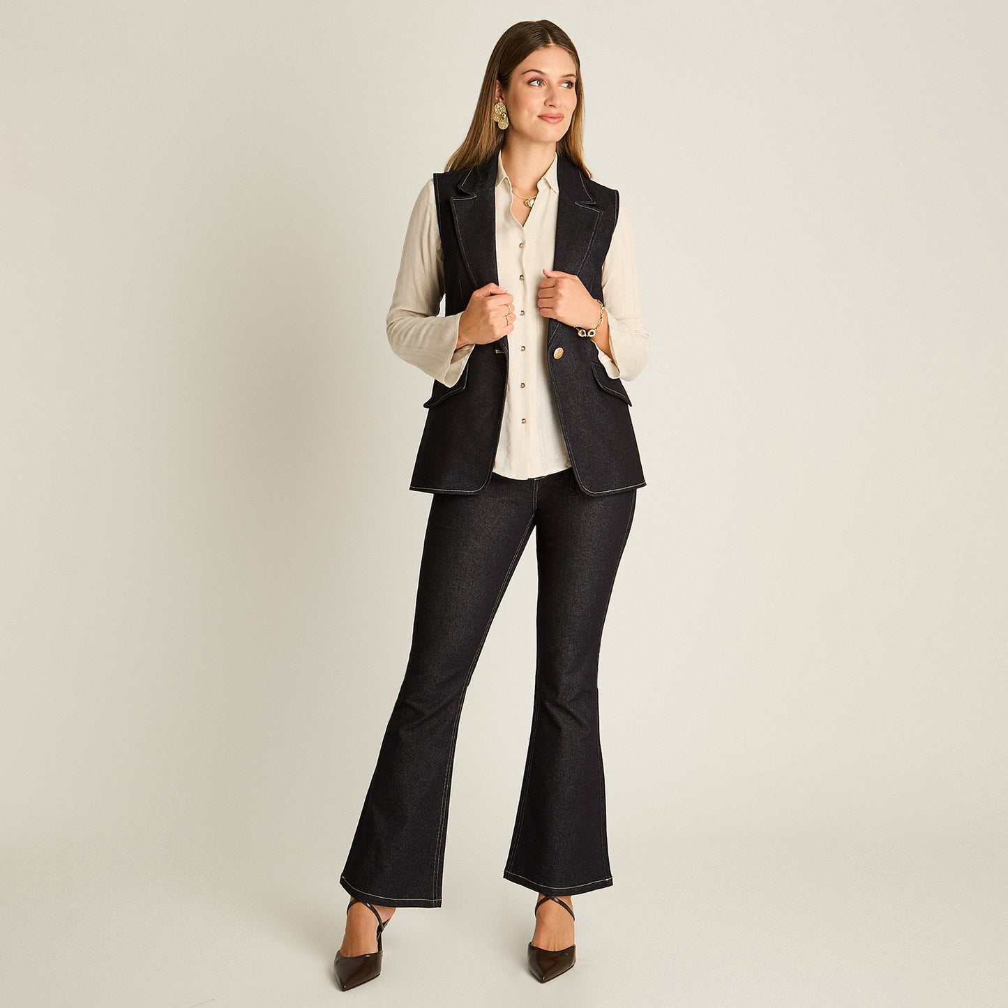 Blazer Denim Dark Blue Sin Mangas con Un Botón