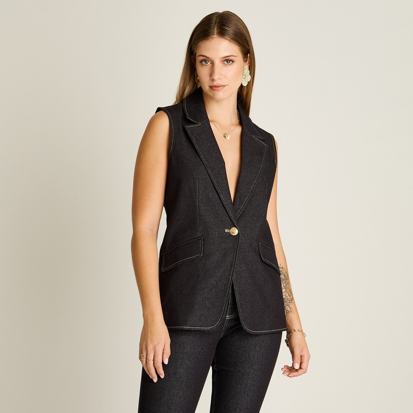 Blazer Denim Dark Blue Sin Mangas con Un Botón