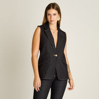 Blazer Denim Dark Blue Sin Mangas con Un Botón