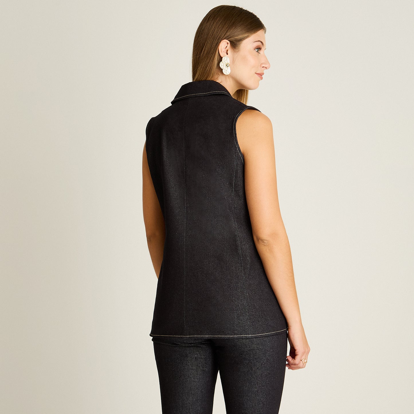 Blazer Denim Dark Blue Sin Mangas con Un Botón