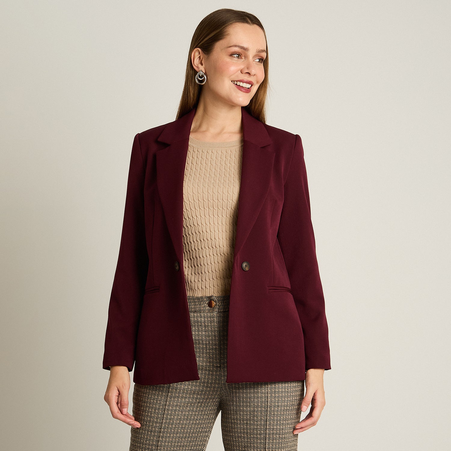 Blazer Burdeo Manga Larga Elasticidad Nula Con Forro Calce Normal Tela Plano