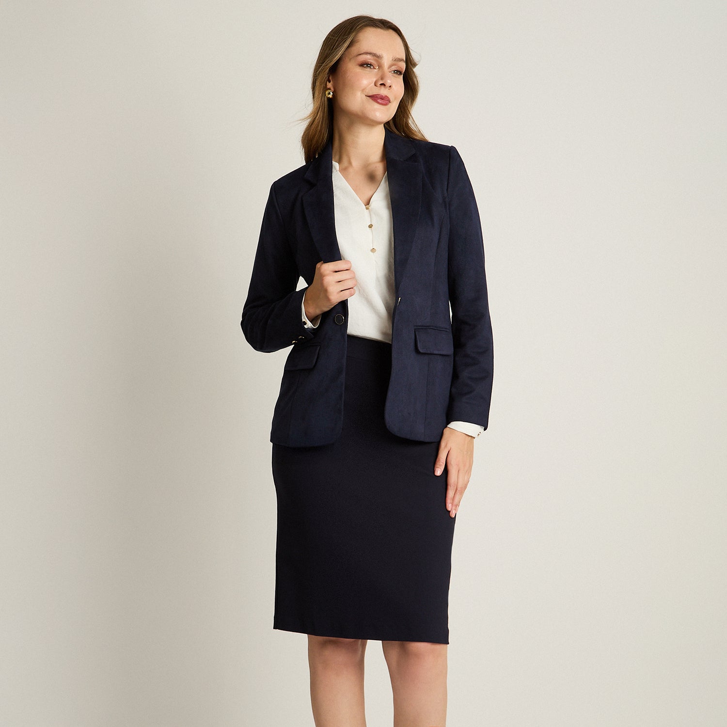 Blazer Azul Manga Larga Elasticidad Nula Con Forro Calce Normal Tela Plano
