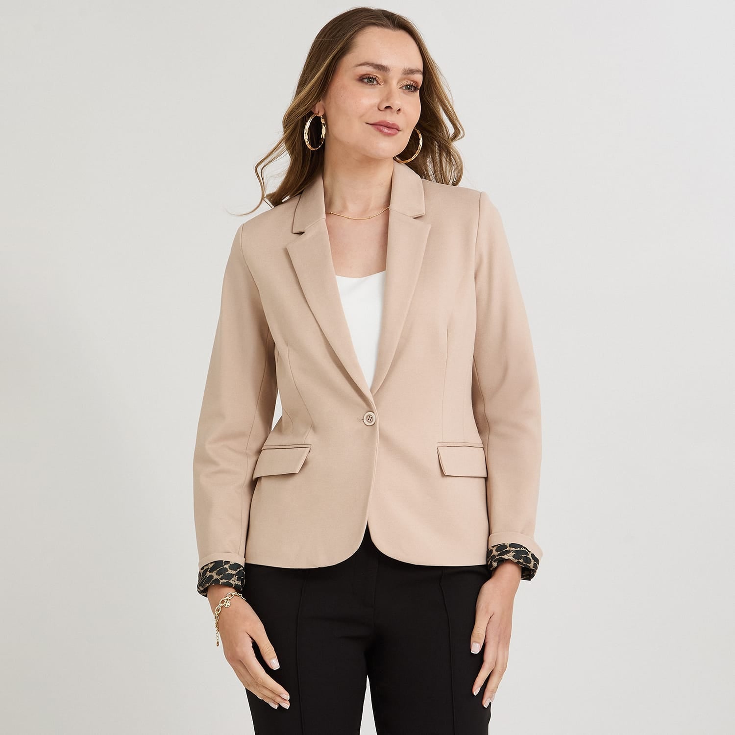 Blazer 1 Botón Bolsillos con Solapa Beige