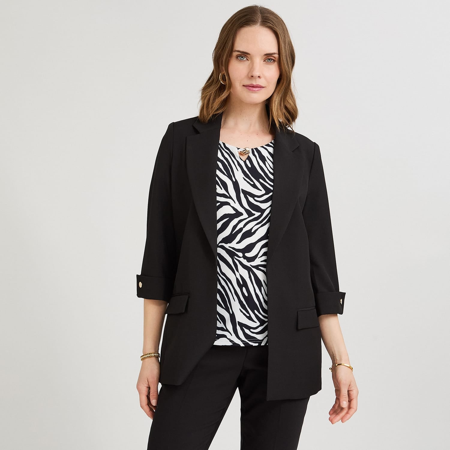 Blazer Manga 3/4 Bolsillos con Solapa Negro