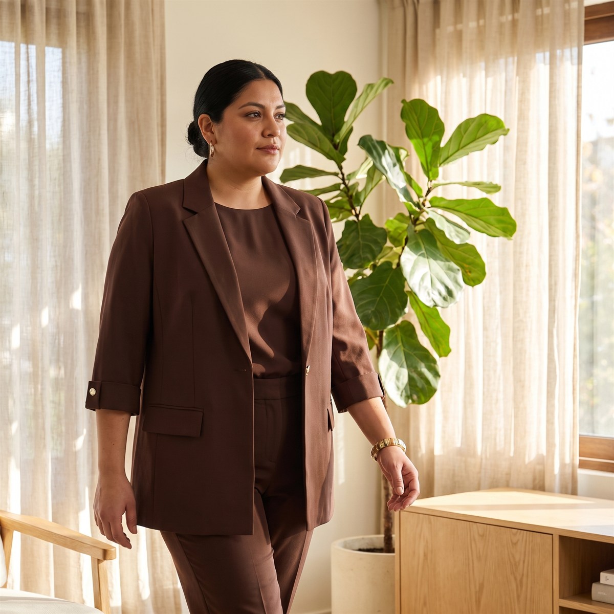 Blazer Manga 3/4 Bolsillos con Solapa Café lifestyle