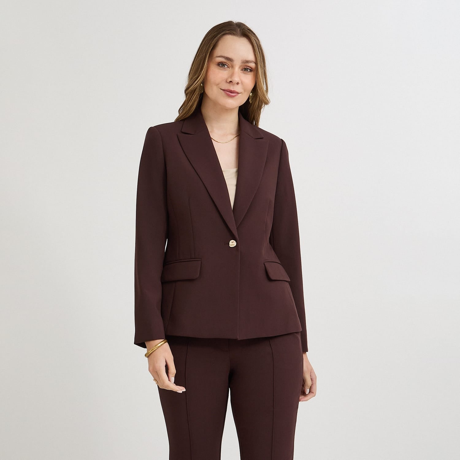 Blazer un Botón con Bolsillo Solapa Café