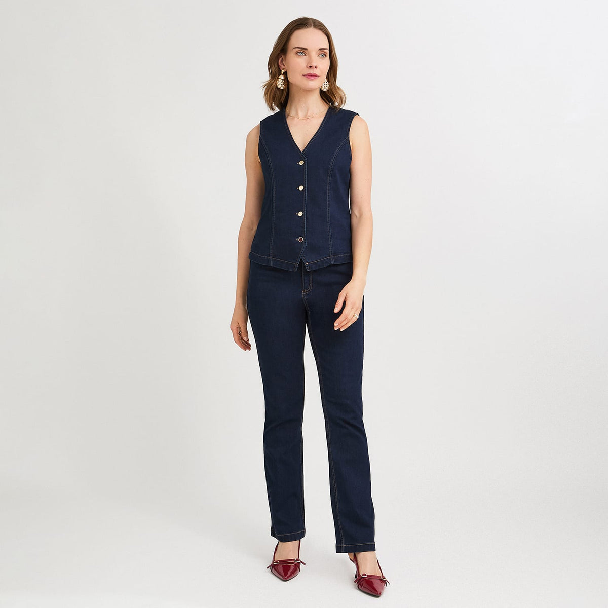 Casaca Denim sin Mangas con Botones Dorados Azul