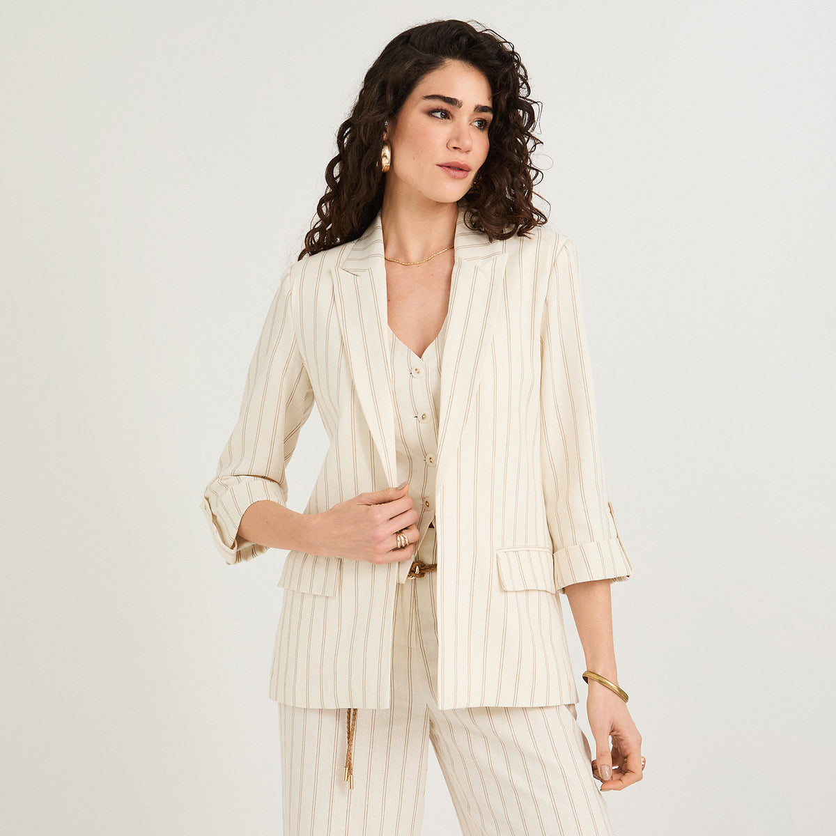 Blazer Listado de Lino Manga 3/4 Beige