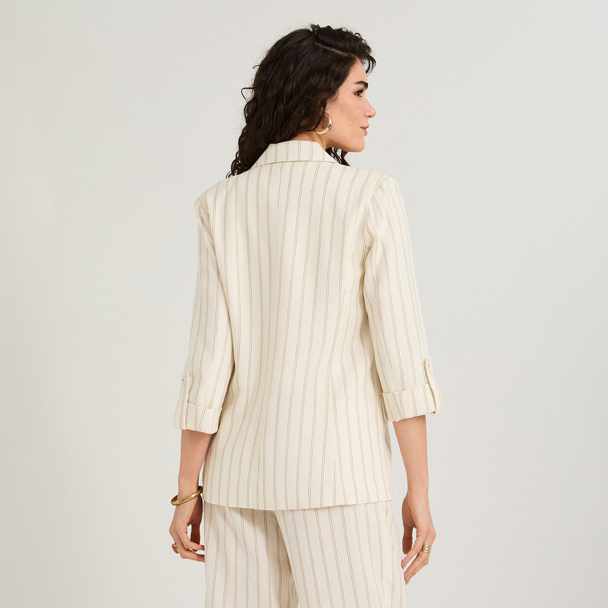 Blazer Listado de Lino Manga 3/4 Beige