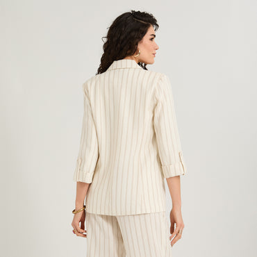 Blazer Listado de Lino Manga 3/4 Beige