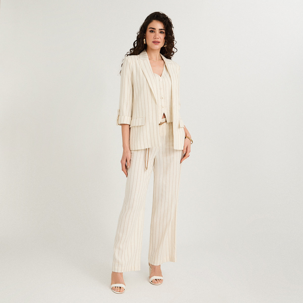 Blazer Listado de Lino Manga 3/4 Beige