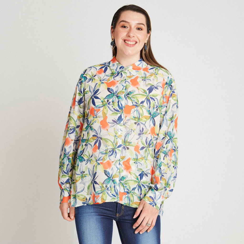 Blusa Estampada de Manga Larga con Botones Frontales Verde