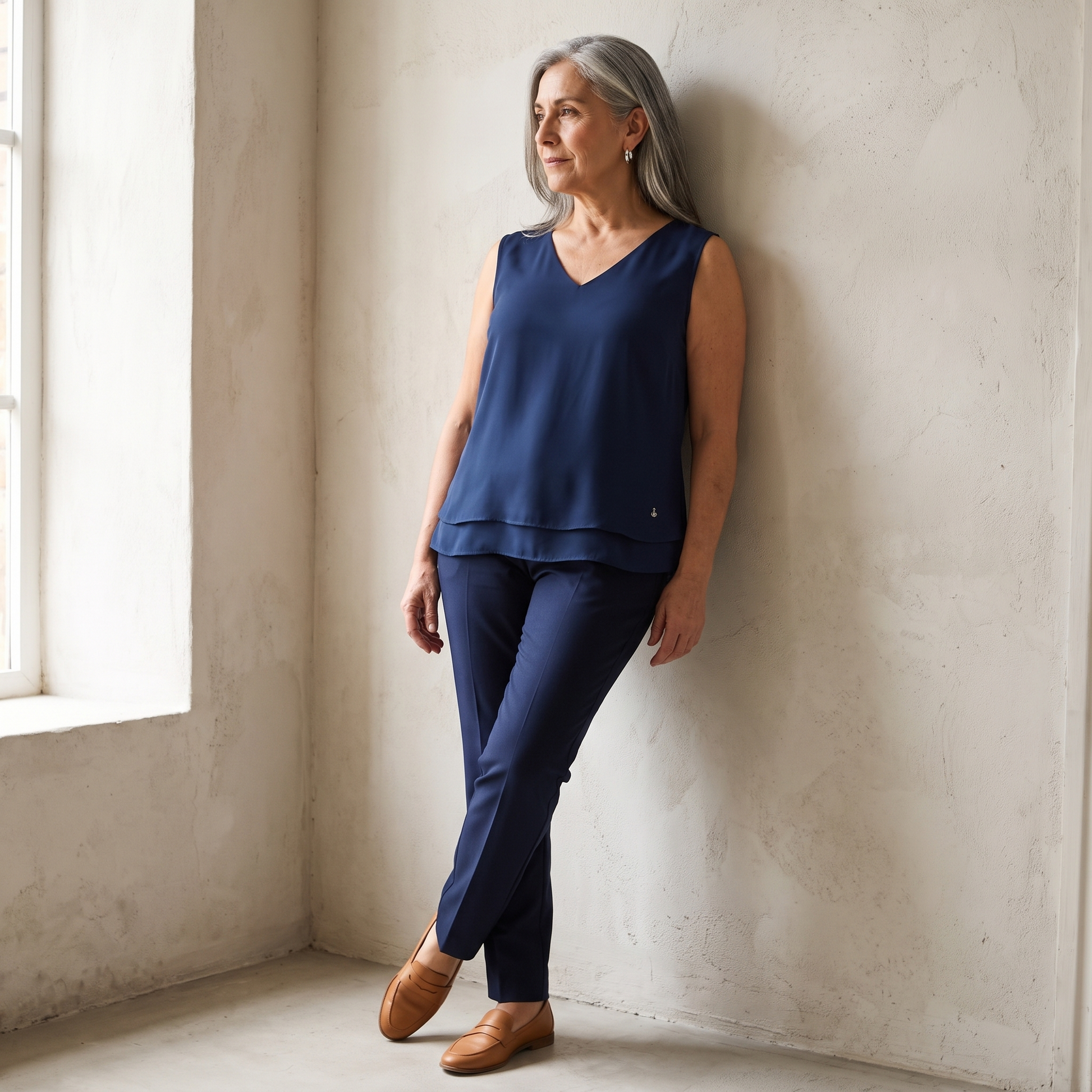 Blusa Azul Escote V con Doble Capa lifestyle