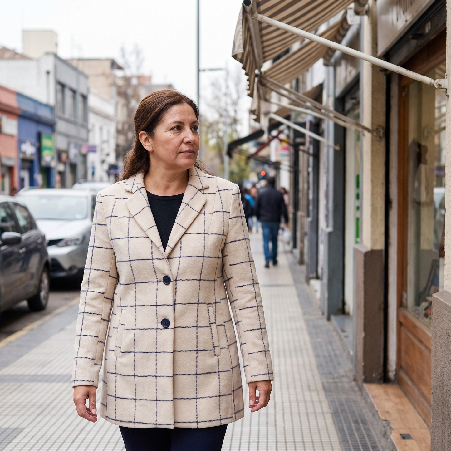Abrigo Beige con Estampado a Cuadros y Dos Botones lifestyle