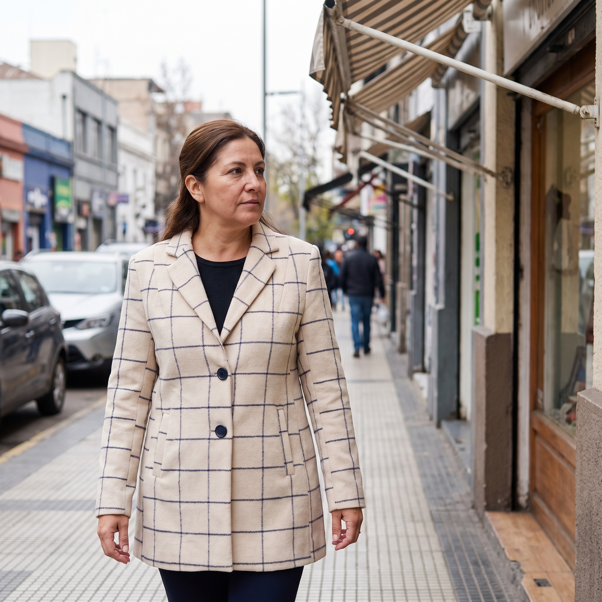 Abrigo Beige con Estampado a Cuadros y Dos Botones lifestyle