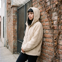 Polerón Sherpa Beige Con Capucha Y Bolsillos lifestyle