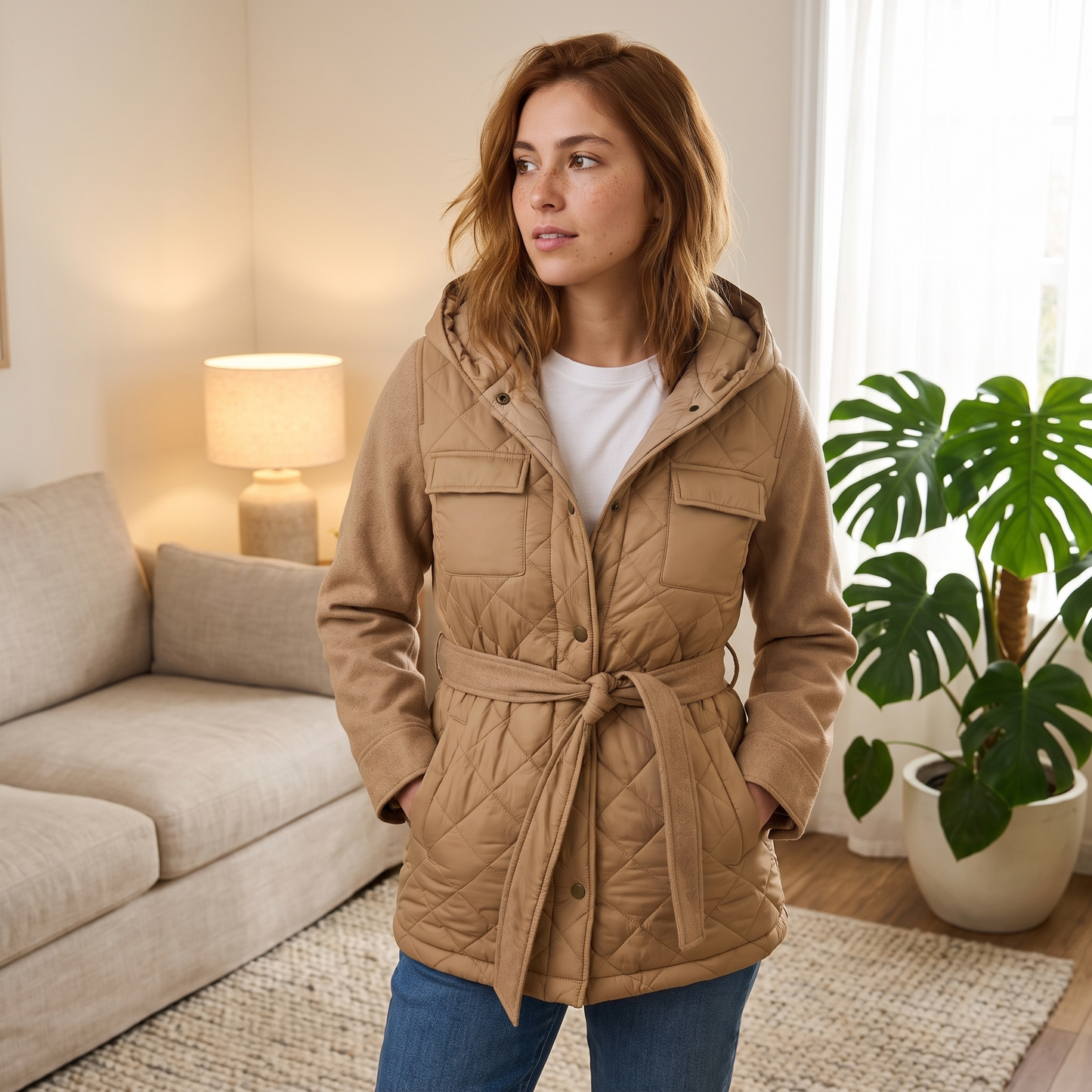 Abrigo Camel con Capucha, Quilt y Amarra en Cintura lifestyle