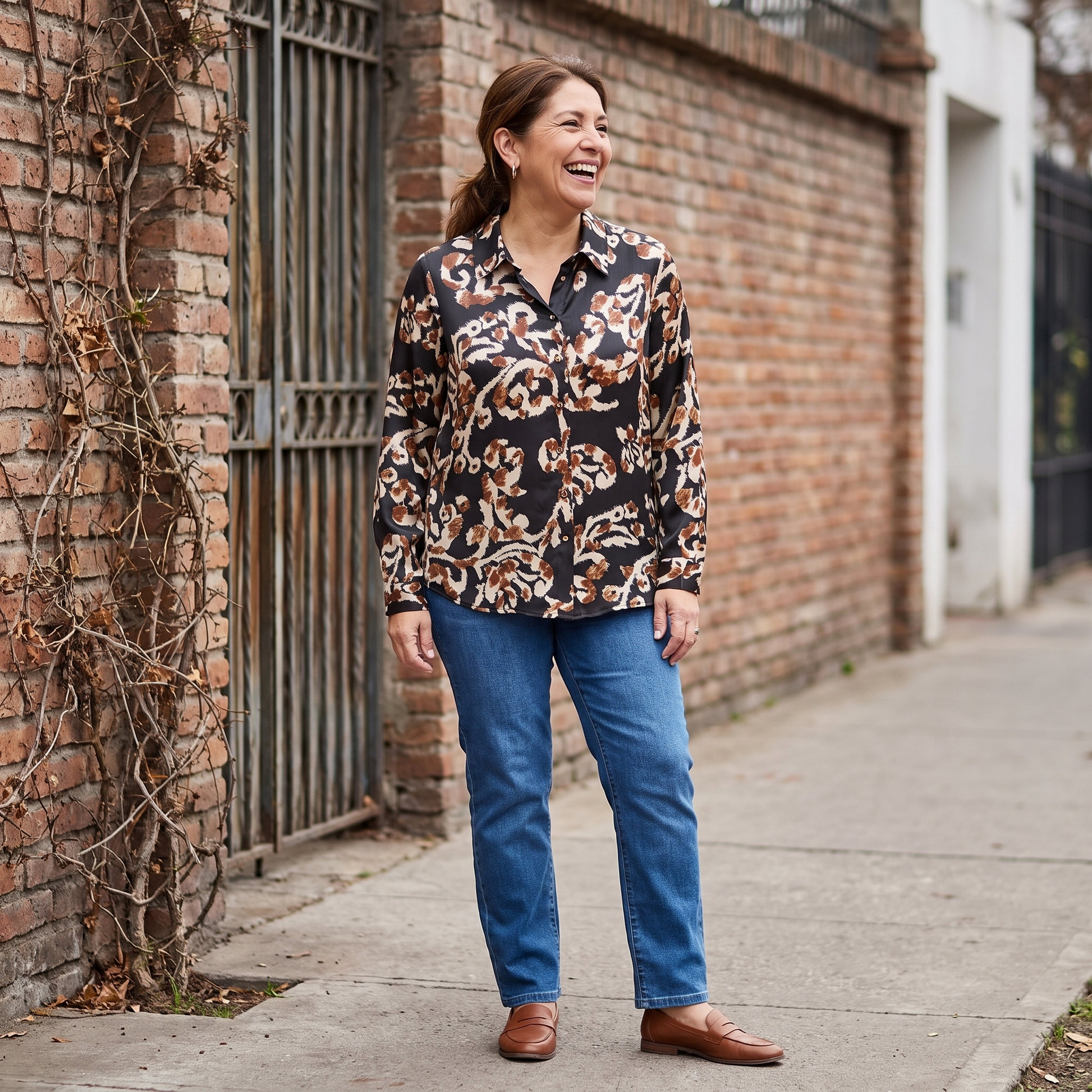 Blusa Camisera Negra con Estampado Floral y Manga Larga lifestyle