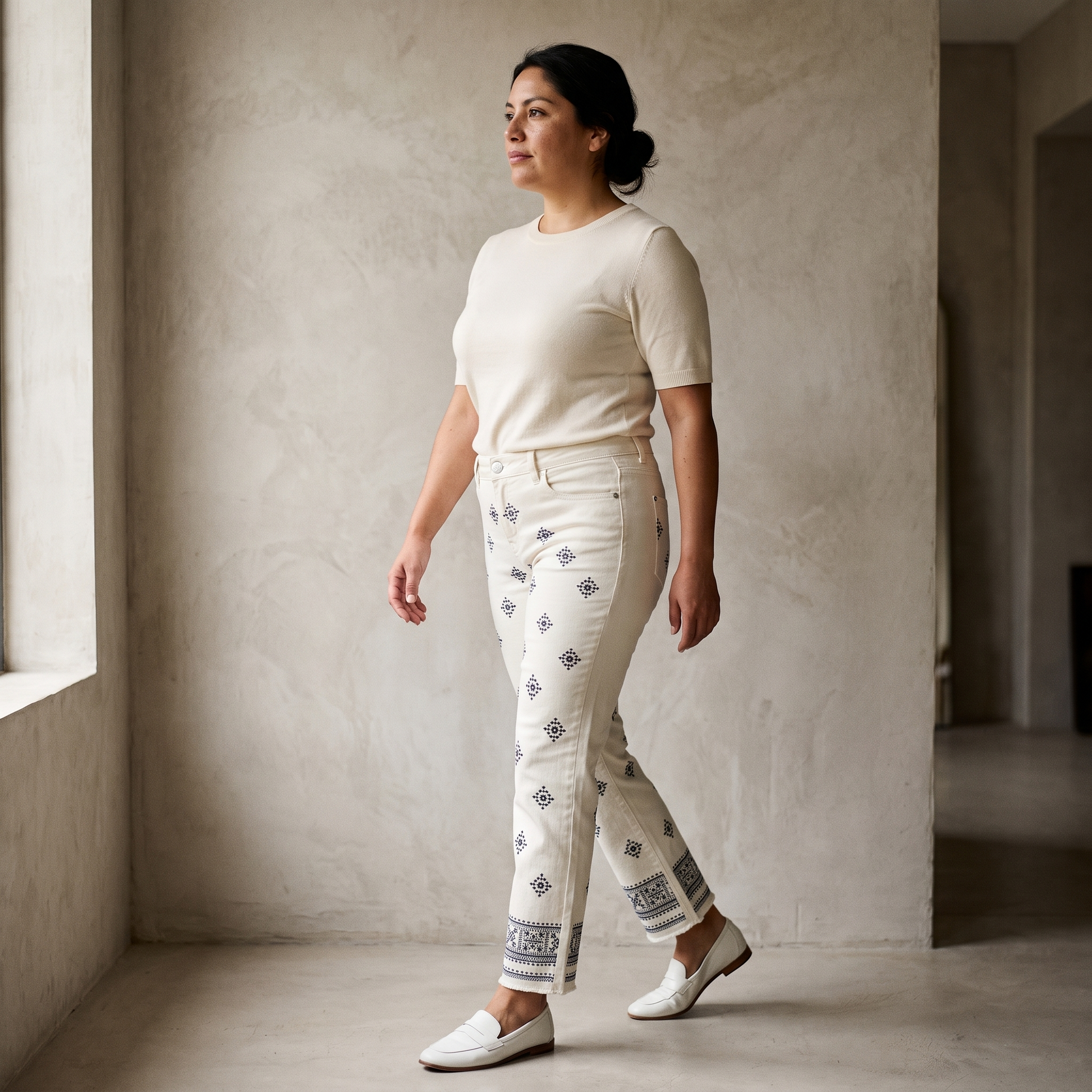 Jeans Blanco Recto con Estampado Boho Calce Normal lifestyle